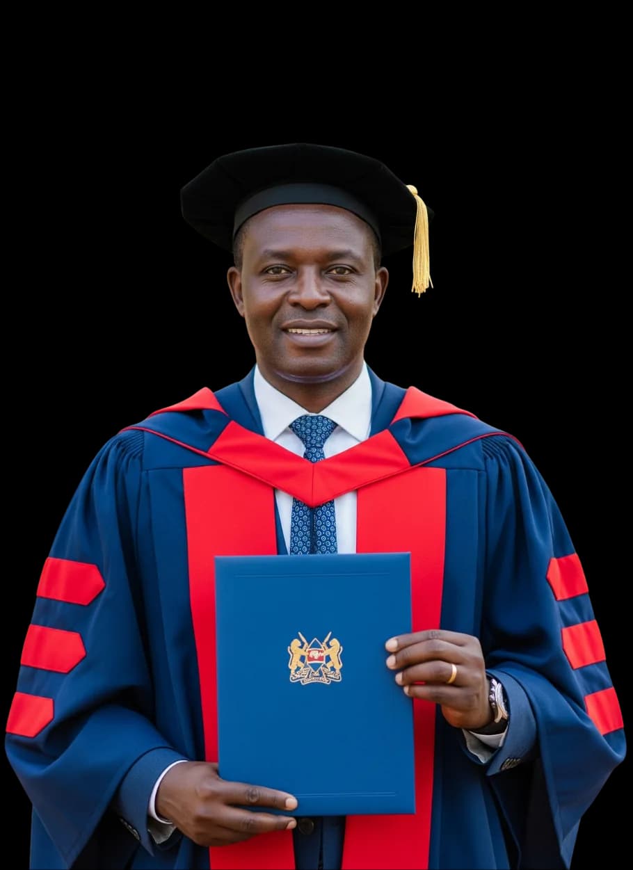 A FuKazee postgraduate learner in graduation gown holding a certificate