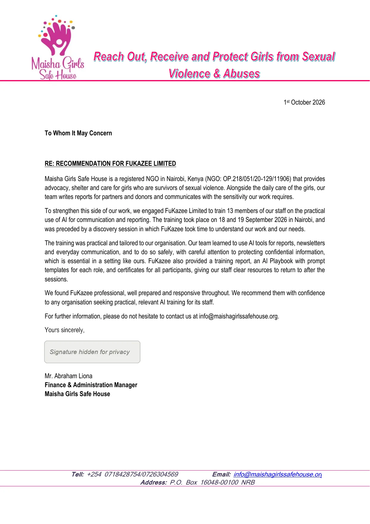 Letter of recommendation for FuKazee from Abraham Liona, Maisha Girls Safe House. Signature hidden for privacy.