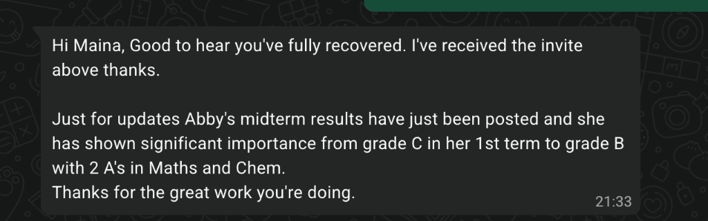 WhatsApp message from Abby's parent reporting her move from grade C to grade B, with A grades in Maths and Chemistry