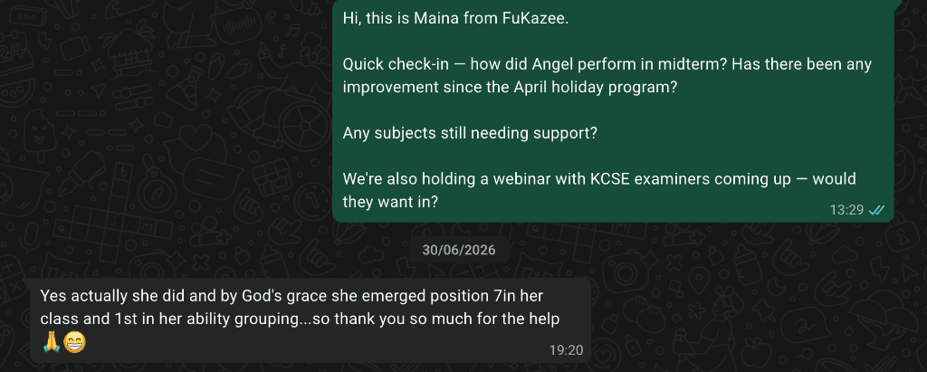 WhatsApp message from Angel's parent saying she finished position 7 in her class and first in her ability group