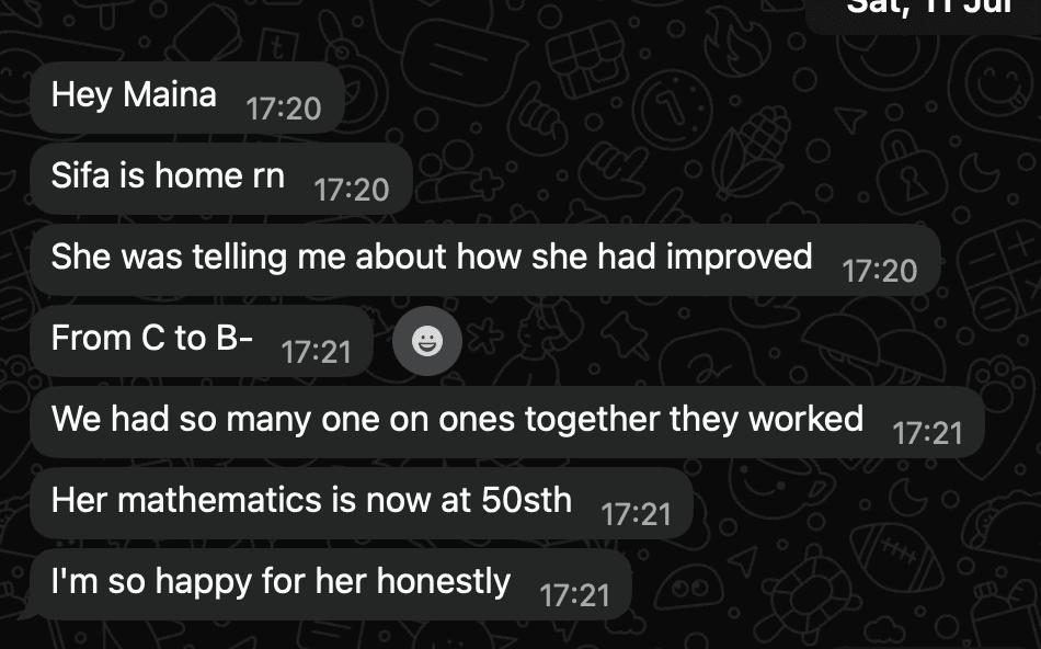 WhatsApp message from Sifa's parent describing her improvement from C to B- and Maths marks in the 50s