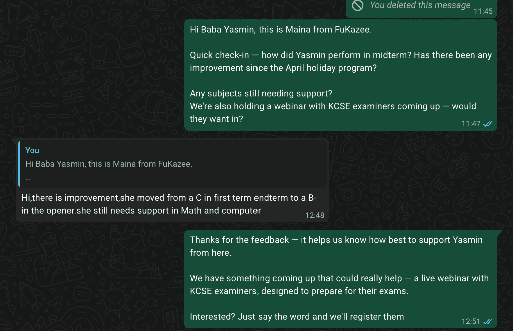 WhatsApp message from Yasmin's parent reporting her move from a C in the end-term exam to a B- in the opener