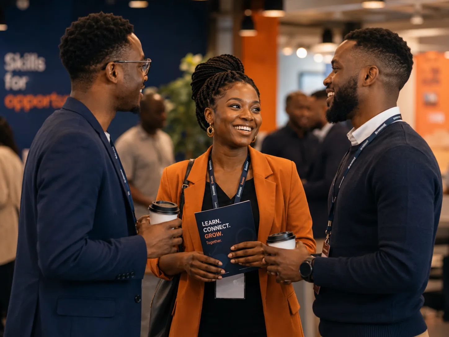 Three African professionals networking and smiling