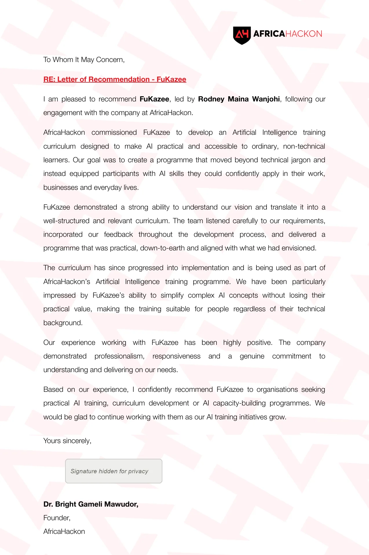 Letter of recommendation for FuKazee from Dr. Bright Gameli Mawudor, Founder, AfricaHackon. Signature hidden for privacy.
